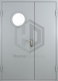 Двойная противопожарная дверь EI-60 со стеклом и штангой фото