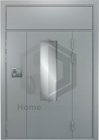 Подъездная дверь со стеклом и домофоном и верхней фрамугой фото