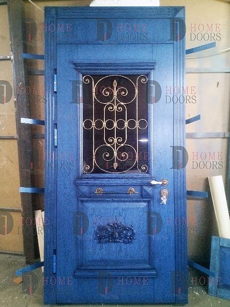 Синяя парадная дверь со стеклом и ковкой HomeDoors